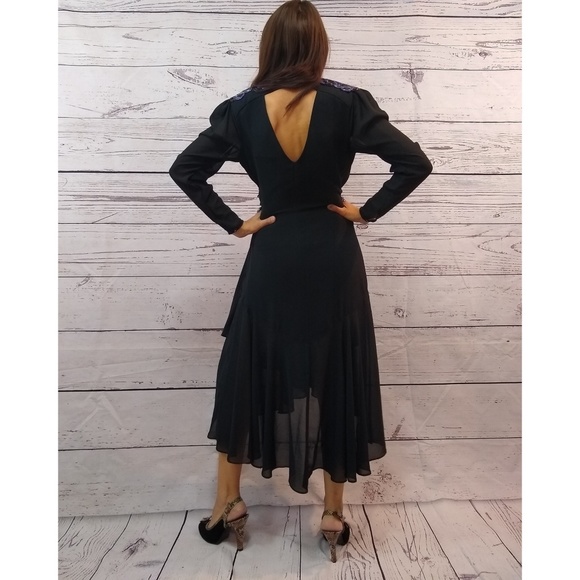 80s beaded shoulder chiffon open back wrap dress - Picture 3 of 6